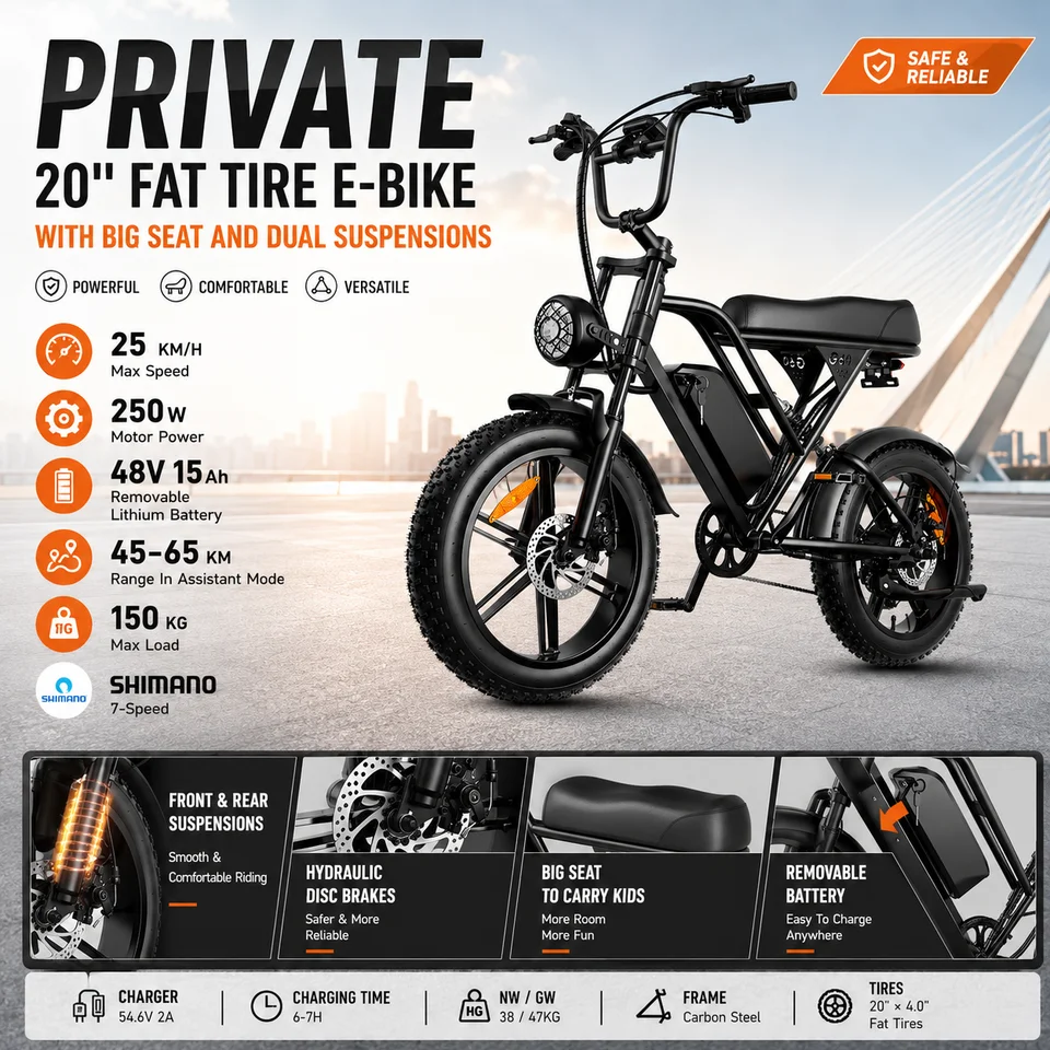 G60 E-Bike 1000W Adult Electric Bicycle 20” Fat Tire E-Bike 48V 15Ah Battery 45-55KM Range Dual Suspension 31MPH image 1