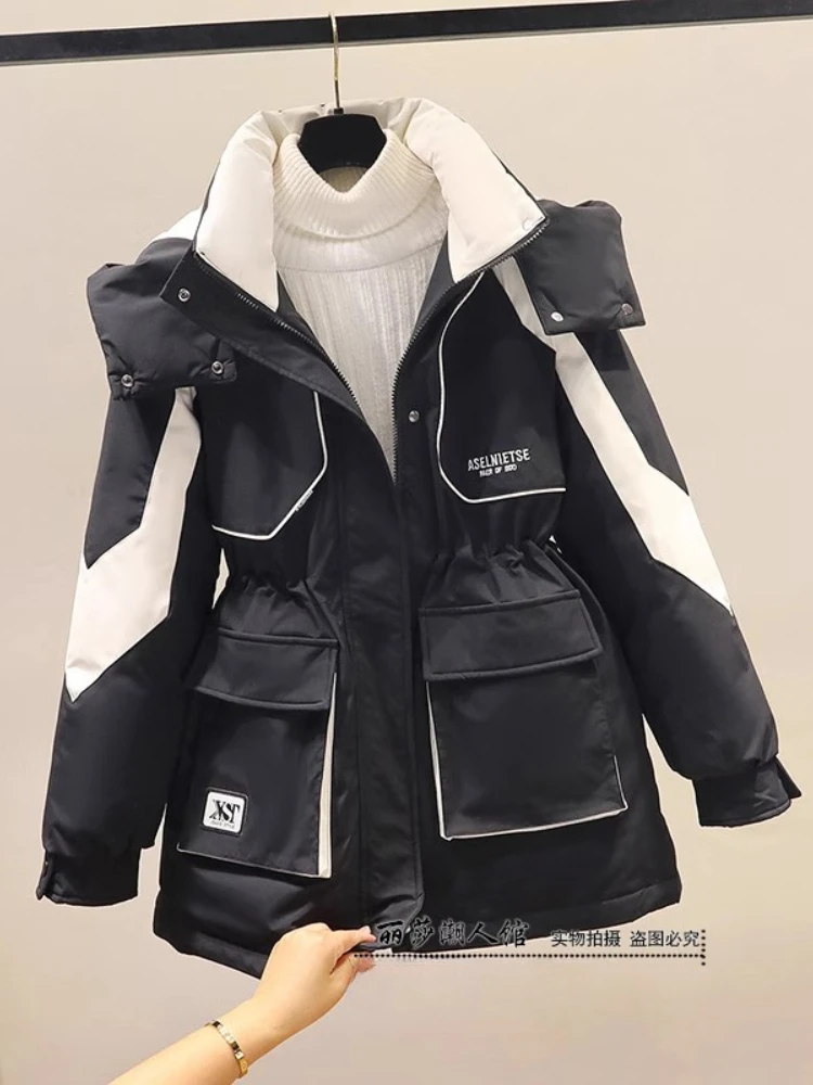 Winter Rush Clothes Women Chic Tooling Cotton Coat Fashion Detachable Hat Mid-Length Parker Loose Plus Size Cotton-Padded Jacket