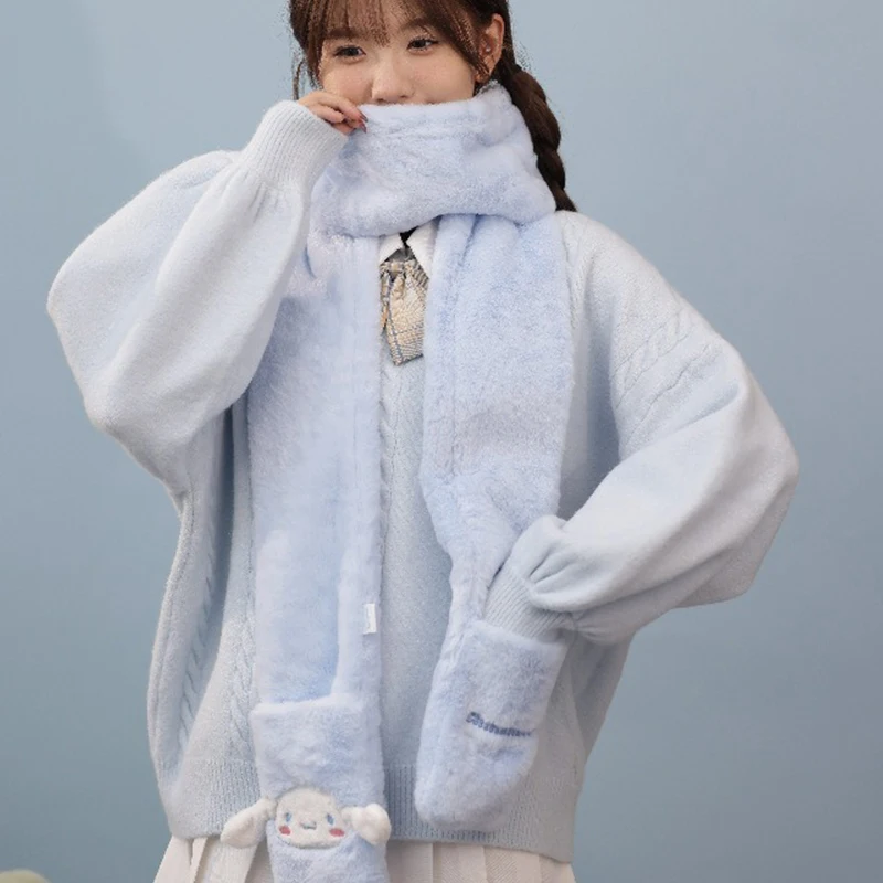 Miniso Cinnamoroll Kuromi Winter Schoolgirl Scarf Gloves In 1 Set Woman Neckerchief Teenage Rabbit Hair Scarves Girls Neck Cover