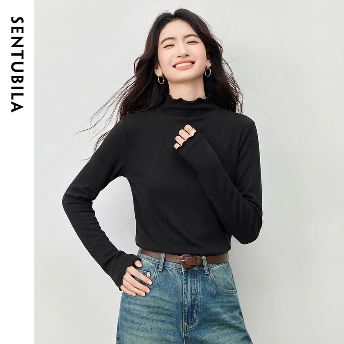 

SENTUBILA Women's Wool Blend T Shirt 2025 Winter Half High Neck Wavy Edge Knitted Tees Simple Thick Long Sleeve Top W54SF6026