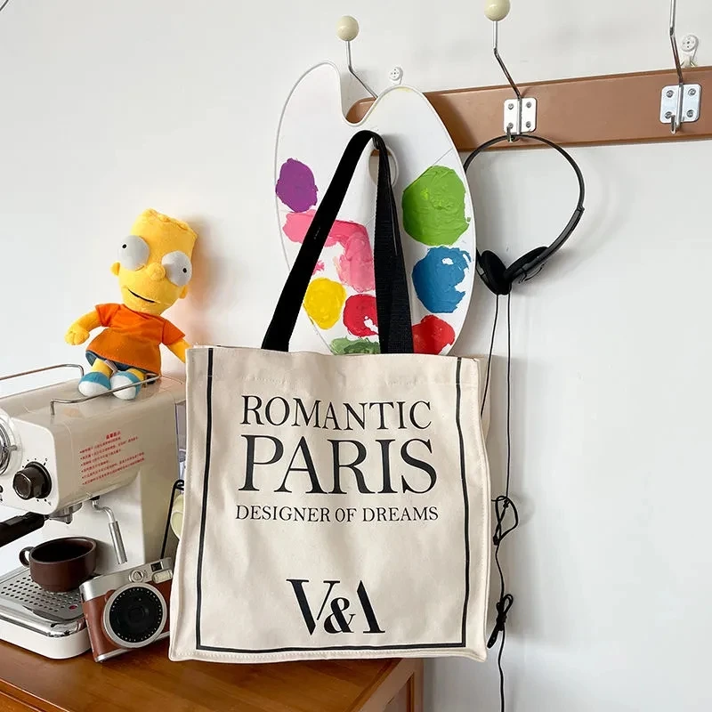 Women Canvas Shoulder Bag Romantic Paris Print Ladies Casual Handbag Tote Bag Large Capacity Cotton Reusable Shopping Beach Bag