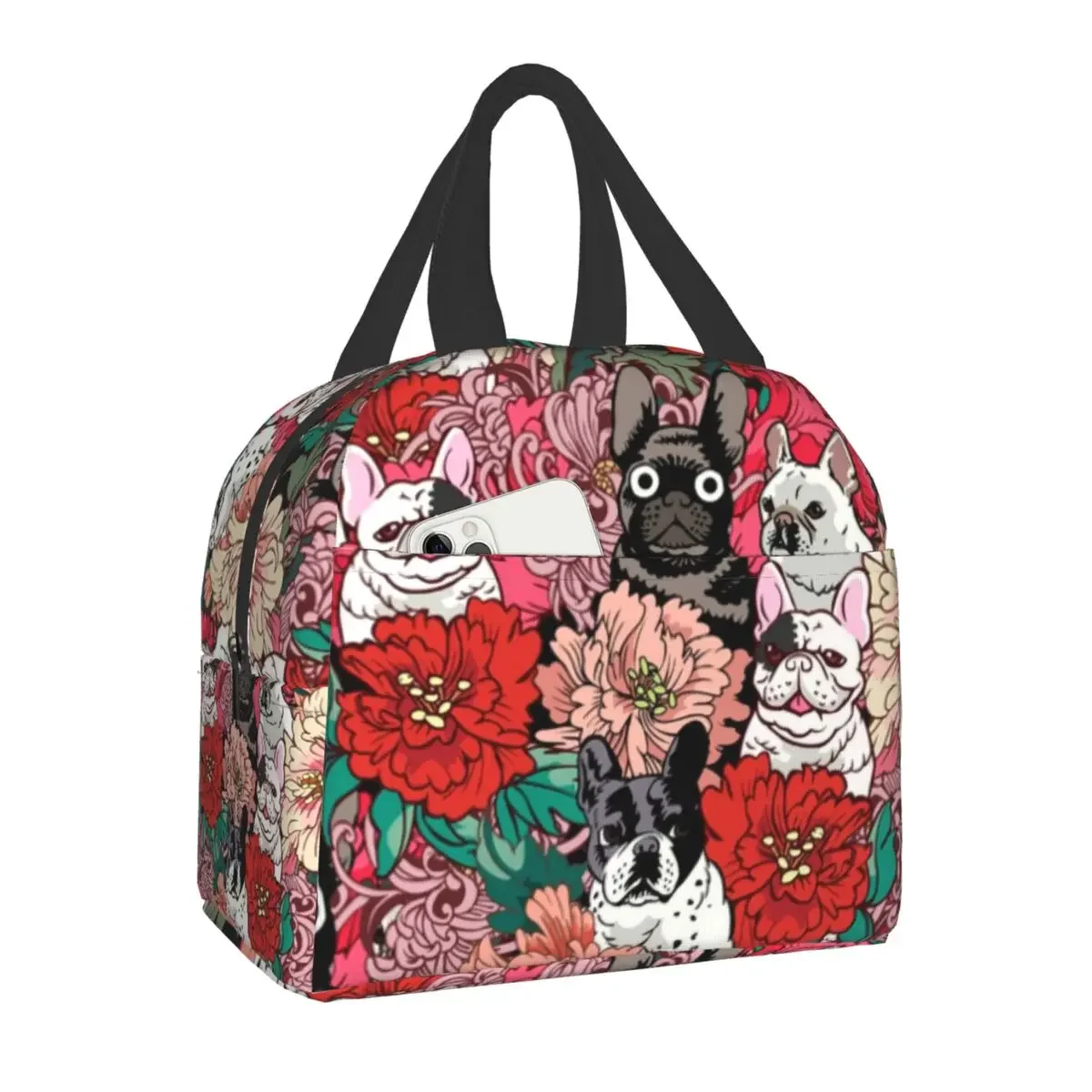 Aangepaste bloemen Franse Bulldog lunchtas voor mannen vrouwen thermische koeler honden patroon geïsoleerde lunchbox voor kinderen schoolkantoor