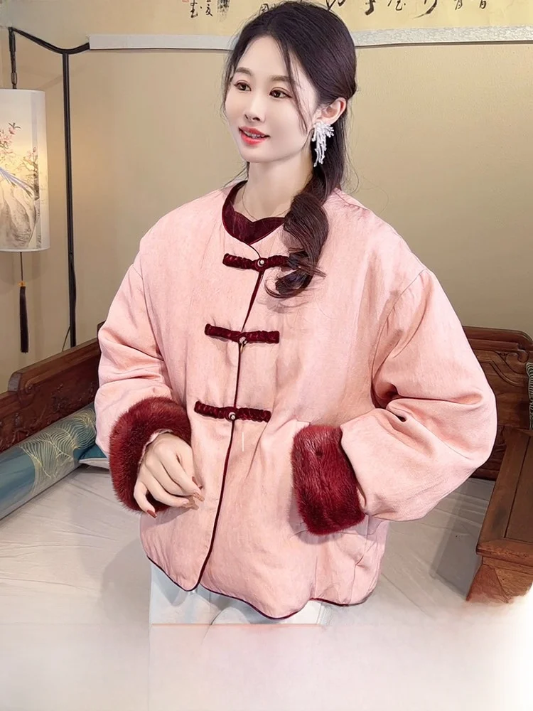 

New Chinese Sle Women's down Jaet 90 White Goose down round Ne Long Sve Winter Coat with Mink Sve Cuffs Warmth