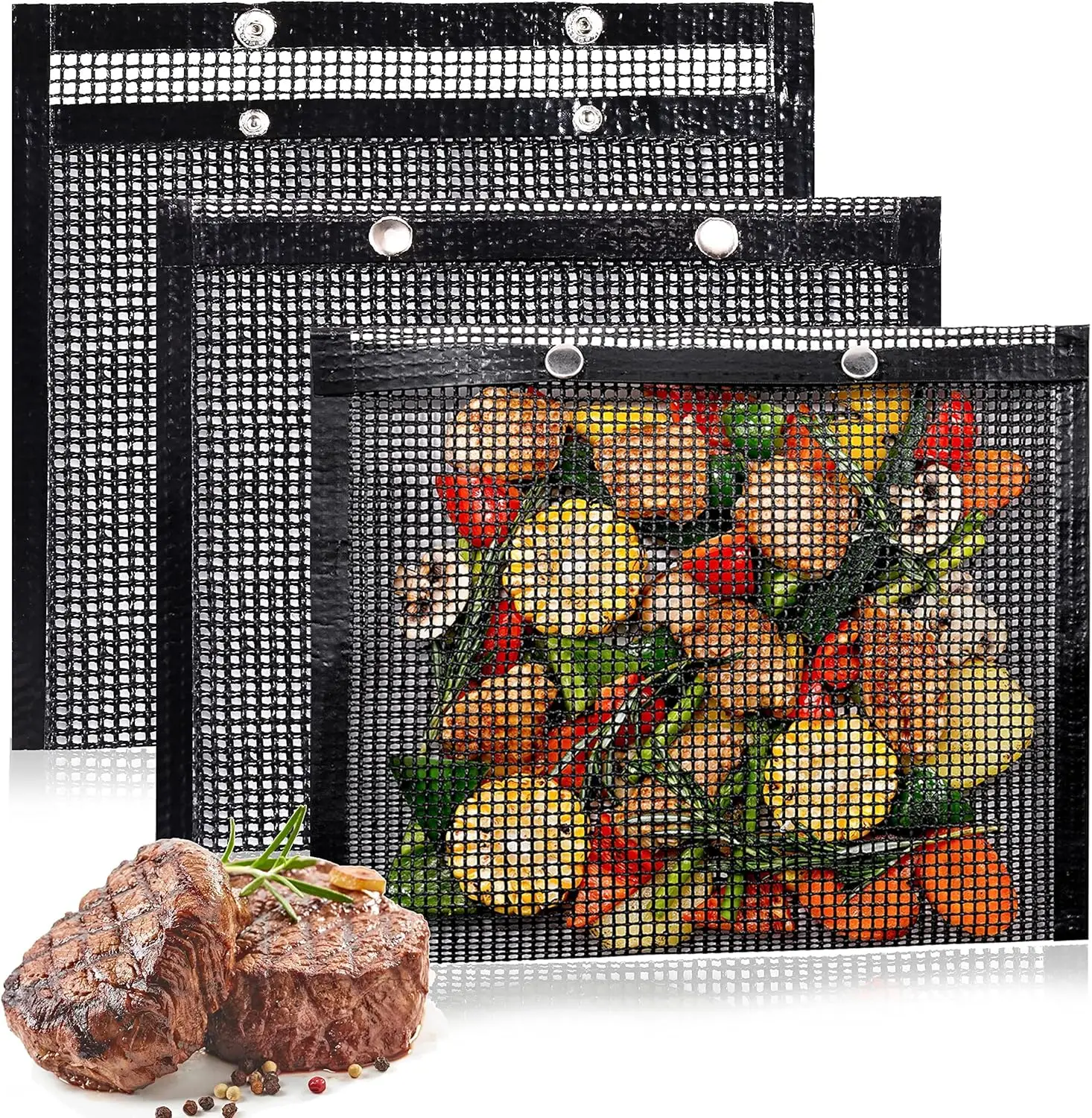 

3-Pack Reusable BBQ Mesh Grill Bags for Vegetables, Meat & Seafood - Non-Stick, Heat-Resistant up to 500°F