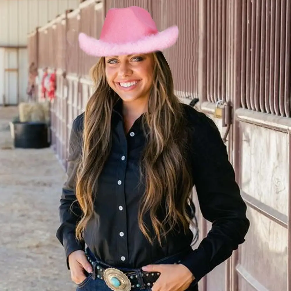 

Pink Cowgirl Hat With Feather Trim Fluffy Feather Brim Adult Cowboy Hat Rolled Fedora For Bachelorette Costume Theme Party