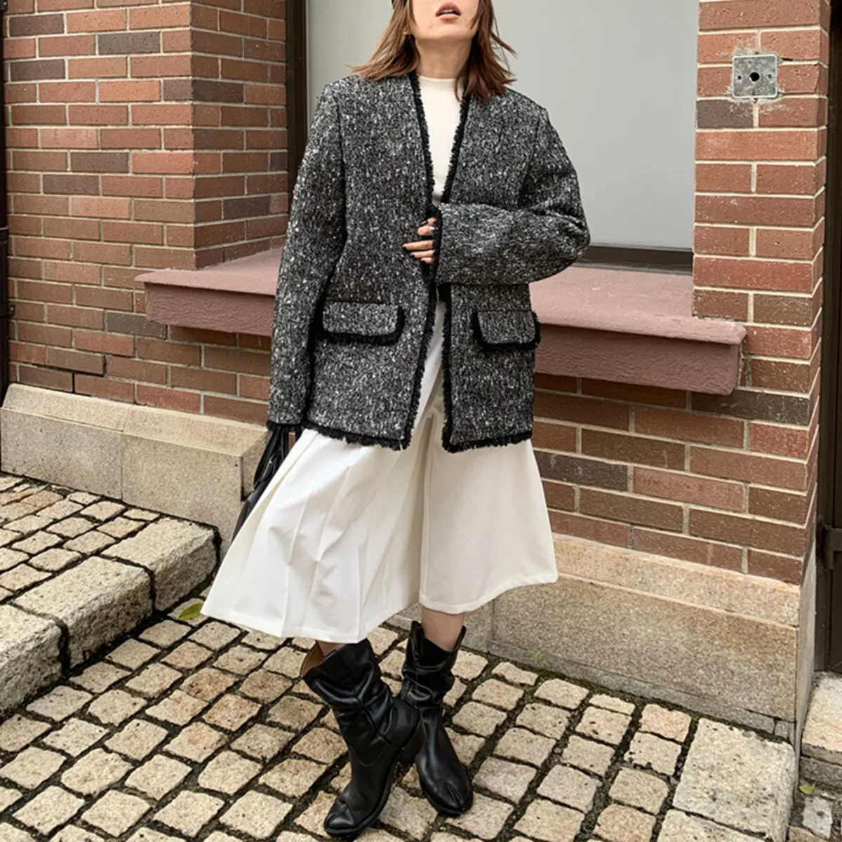 KWTX 2025 Neue frauen Casual V-ausschnitt Fringe Patchwork Cropped Blazer Hohe Qualität Retro Chic Luxus Herbst Winter Stilvolle Mantel