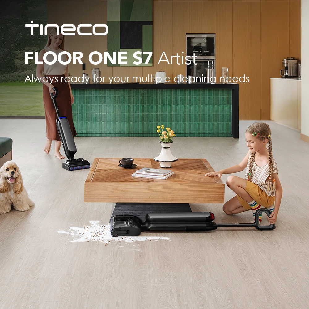 Tineco Floor One S7 Artist Nat-droog stofzuiger 22kPa Nat-stofzuiger Dual Block Anti-Tangle Design, 85 ° C Flash Dry 50 minuten looptijd, dubbelzijdige reiniging 180 °  Platte stofzuiger voor harde