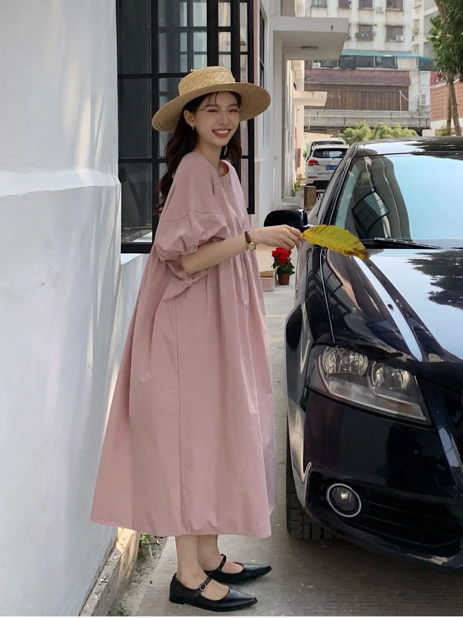 

Sweet Style Bubble Sleeve Short Sleeve Dress plus Size Women's Loose A-Line Skirt Summer Slimming High Waist Breathable Dress