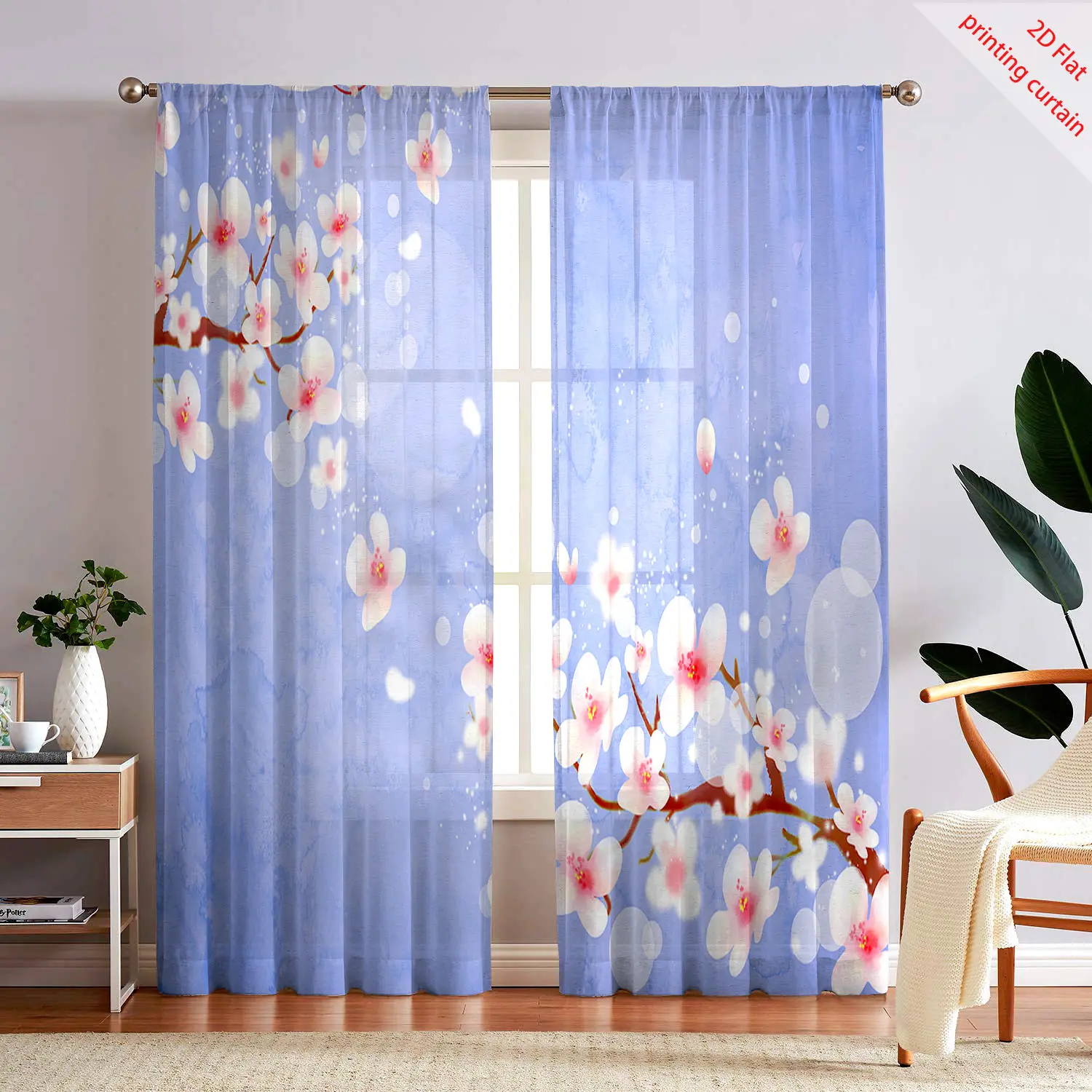 Beautiful floral print transparent gauze curtain, aesthetic home decoration, living room, bedroom, balcony window decoration