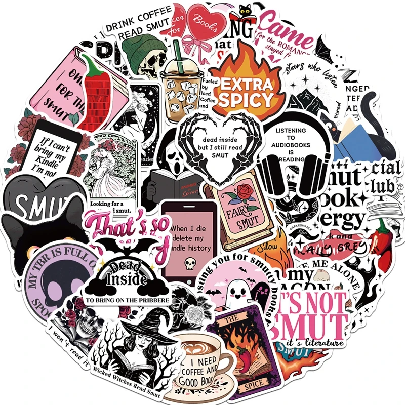 50pcs Smut Bookish Home Decorative Graffiti Stickers Guitar Suitcase Water Bottle Phone Laptop Book Sticker Pack Kids Gift