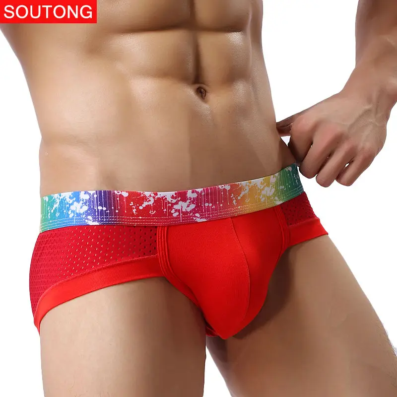 Hot Rainbow Men\'s Underwear Short Modal Mesh Sexy Briefs Breathable Male Gay Underpants Brand Solid Boxer Plus Size Beach Trunks