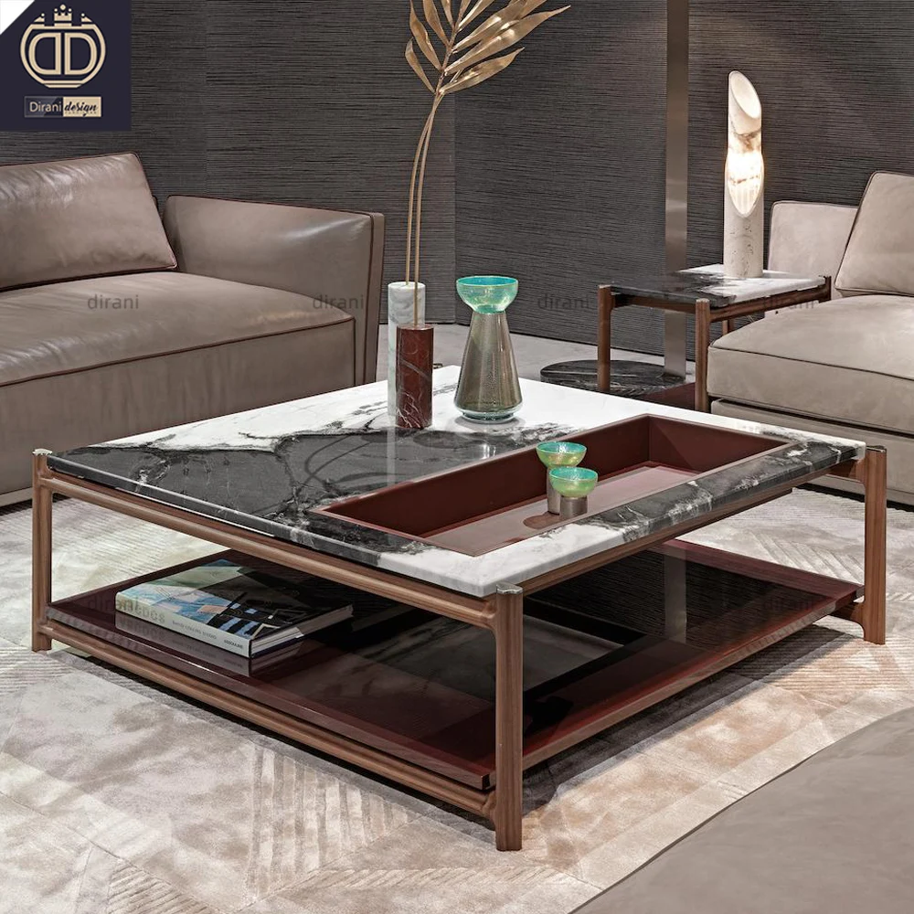 brown Italian square coffee table modern luxury stone marble walnut wood coffee table