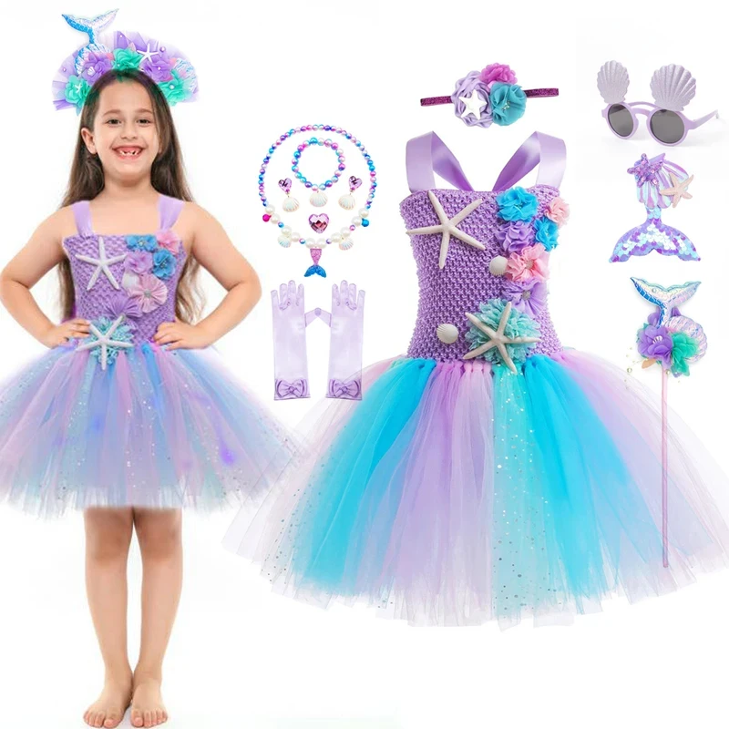 

Mermaid Tutu Dress with Coral Starfish Appliques Off Shoulder Fancy Princess Toddler Birthday Party Puffy Gown 1-12Y