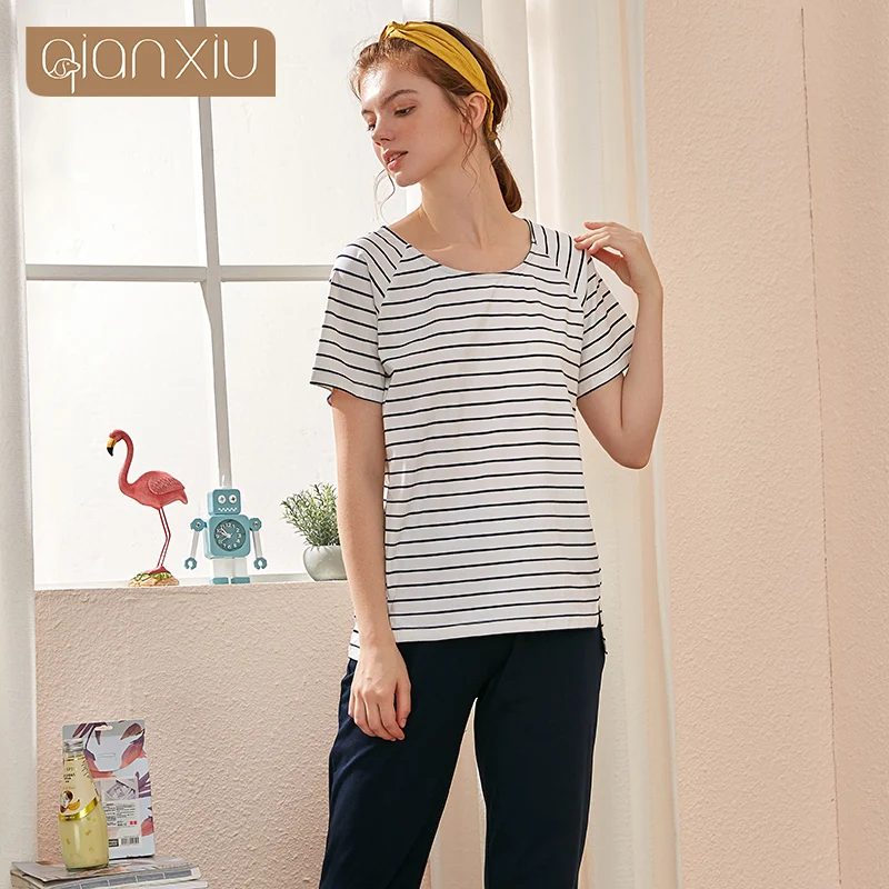 Spring Summer Sleep Tops   Tottoms Cotton Black White Striped Round Collar Short Sleeved Trouser Sleepwear Suit Casual HomeWear