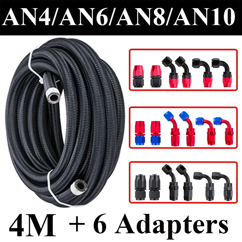 

4M AN4 AN6 AN8 AN10 Car Fuel Hose Oil Gas Cooler Hose Line Pipe Tube Nylon CPE Rubber + 0 45 90 Degree Swivel Hose End Fittings