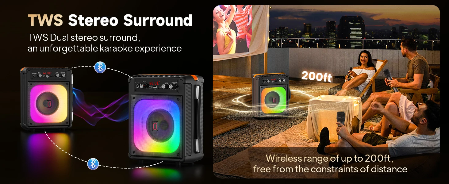 Karaoke-Maschine, tragbarer Bluetooth-Lautsprecher mit 2 kabellosen Mikrofonen, PA-System unterstützt TWS/USB/TF/REC/AUX und TV-Verbindung – Detail 4