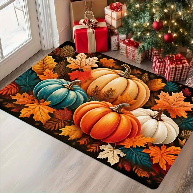 Colorful Fall Pumpkin Maple Leaves Flannel Doormat Anti Slip Absorbent Front Door Mat Thanksgiving Home Entrance Decor Rug