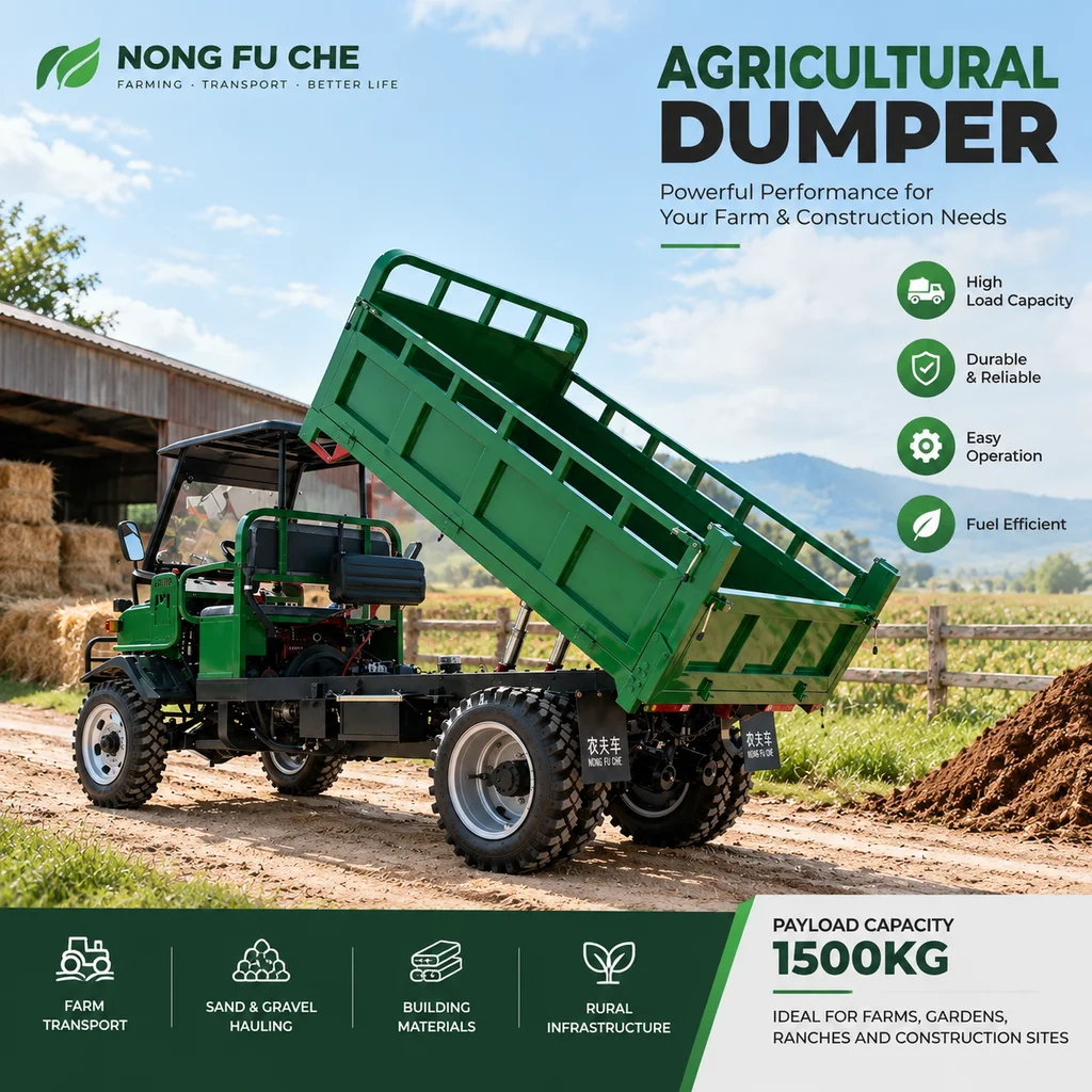Red Farm Dumper with Raised Cargo Bed and Twin Hydraulic Cylinders for Field Work
