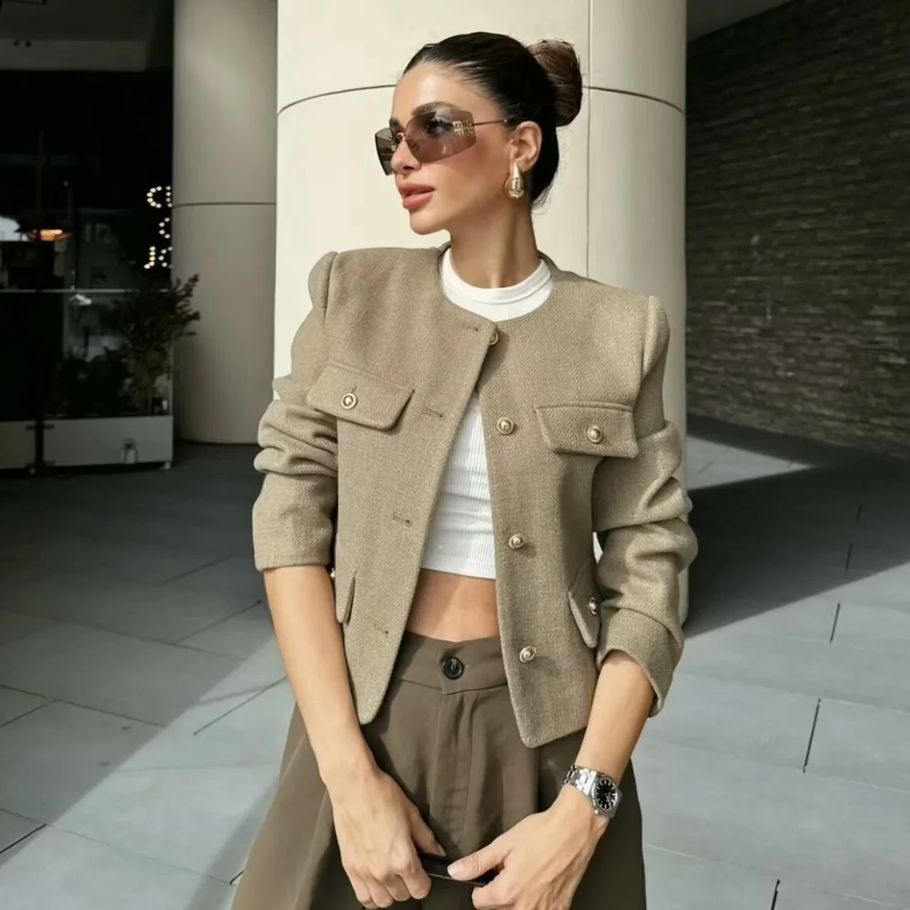 PB&ZA 2024 Spring New Women\'s Fashion temperament casual versatile round neck single breasted jacket jacket jacket