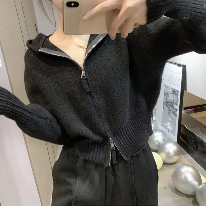 

Klein Blue Double Head Zipper ort Cardigan Women's Spring Casual Knitted Sweater Jaet with Hood Loose Fit Long Sve