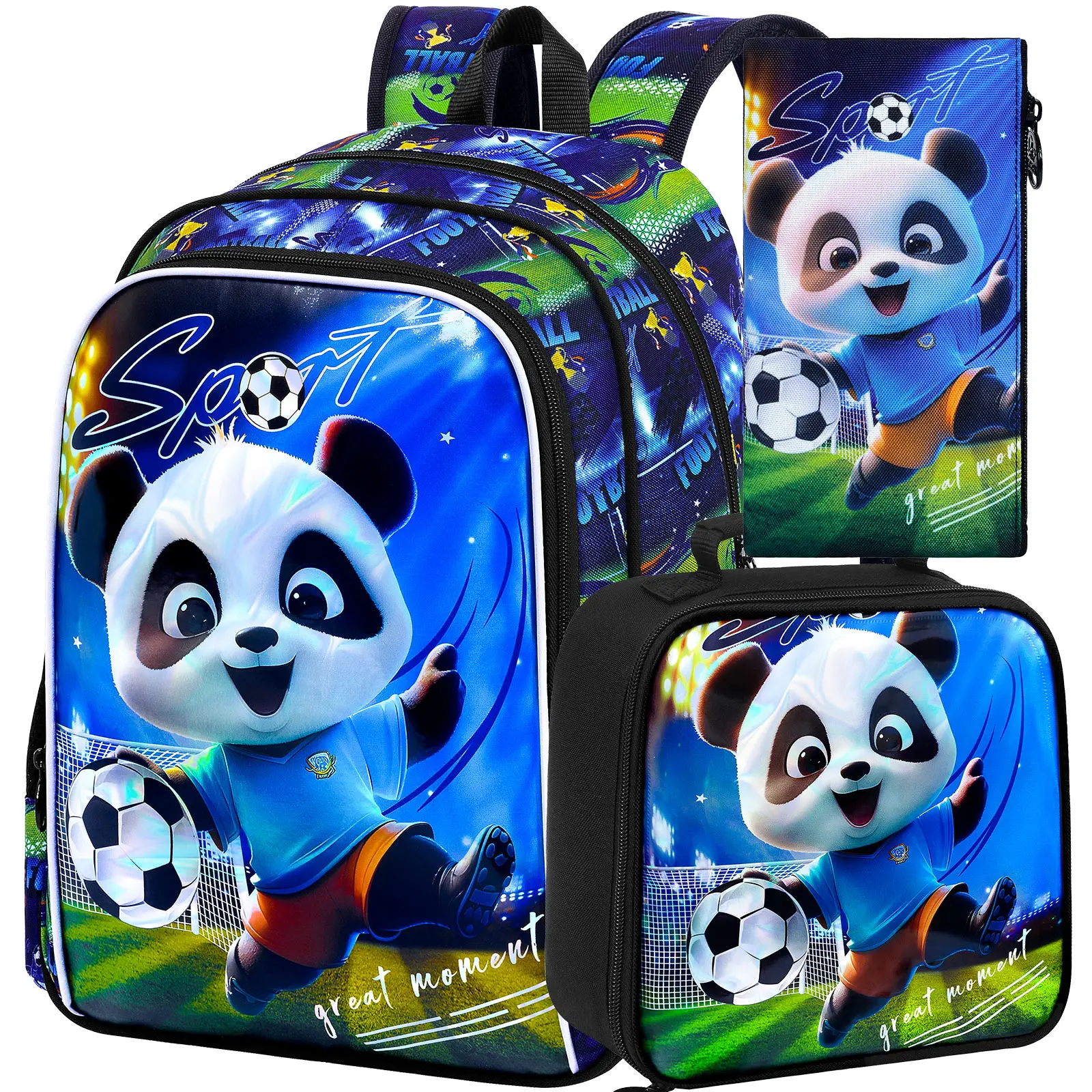 Kid's backpack 16 Inch 3PCS, UV Soccer‑Panda Print Large‑Capacity School Set, One Backpack, One Handbag, One Pencil Case