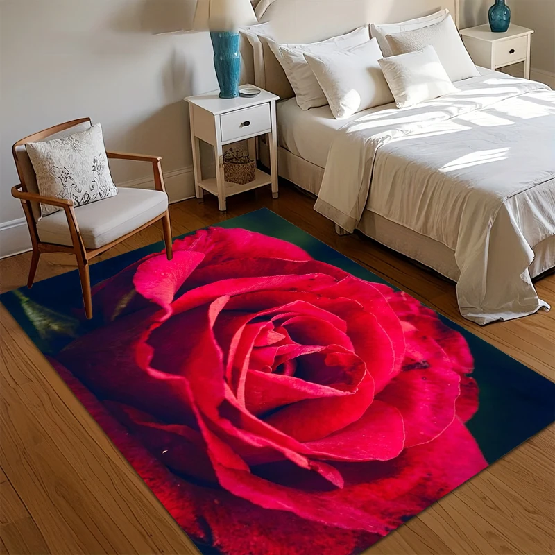 Red Rose Close Up Area Rug Romantic Floral Non Slip Soft Washable Floor Mat for Bedroom Living Room Wedding Room Modern Decor