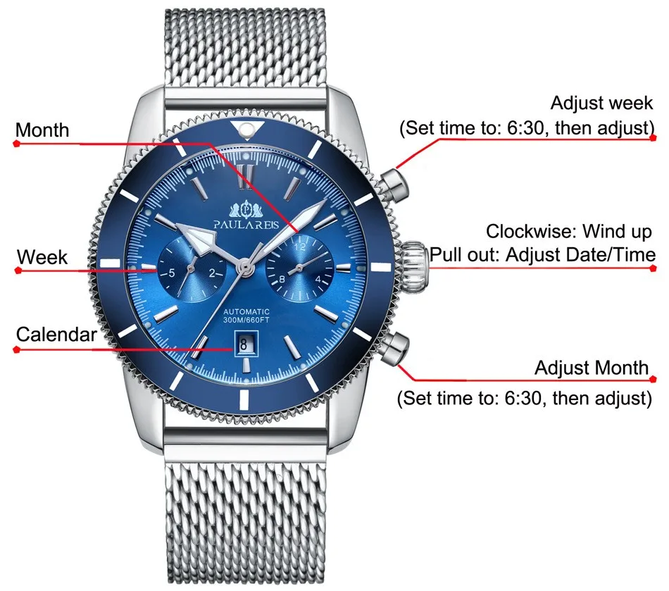 Automatic wATCH Mechanical Super Heritage Ocean Big Dial Stainless Steel Mesh Leather Strap  46mm Men Wristwatch