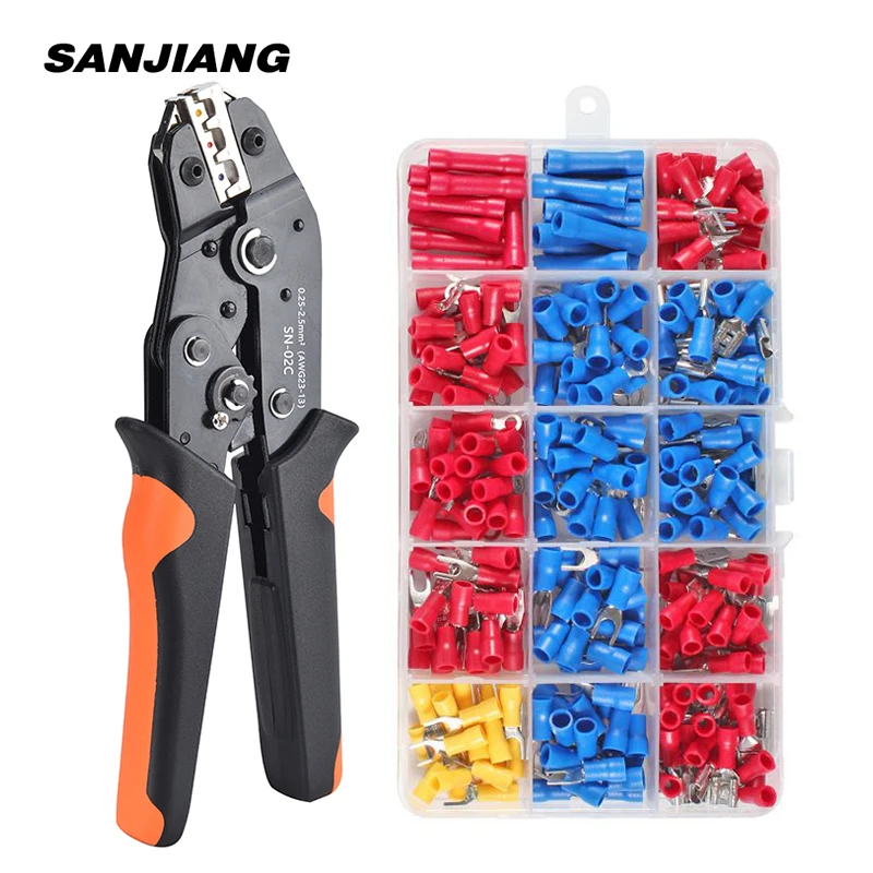 SN-02C Hand Crimping Tool 0.25-2.5mm² Adjustable Ratchat Crimper Plier 280pcs Cable Lugs Assortment Kit Insulated Wire Crimp Set