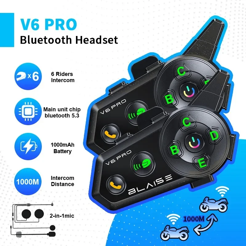 V6 PRO Bluetooth Motorcycle Helmets Intercom Headset with 1000M BT Interphone Communicator for 6 Riders Waterproof