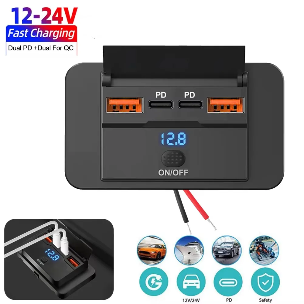 

1 шт., 4 порта, 12 В, USB-розетка для автодома, 108 Вт, двойная PD3.0 для QC3.0, адаптер для автомобильного зарядного устройства, адаптер для автомобиля, лодки, мотоцикла, аксессуары