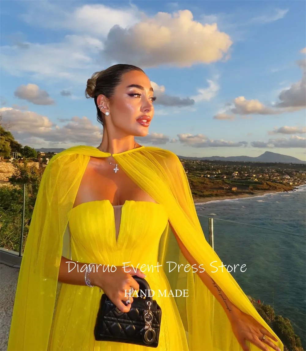 فساتين سهرة عصرية باللون الأصفر من Dianruo من التل على شكل حرف A رداء نسائي متجدد الهواء على شكل كيب فيستدوس دي فييستا أنيقة مخصصة