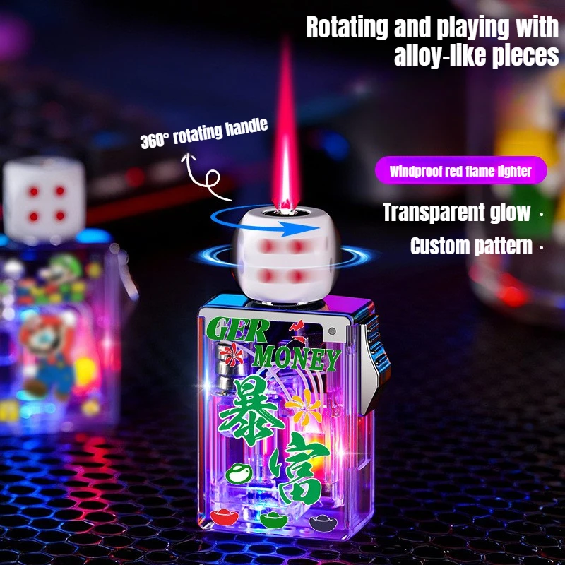 2026 Rotating Dice Mahjong Stereoscopic Design Windproof Red Flame Butane Gas Lighter Pull down Ignition Outdoor Fun Lighters view 2