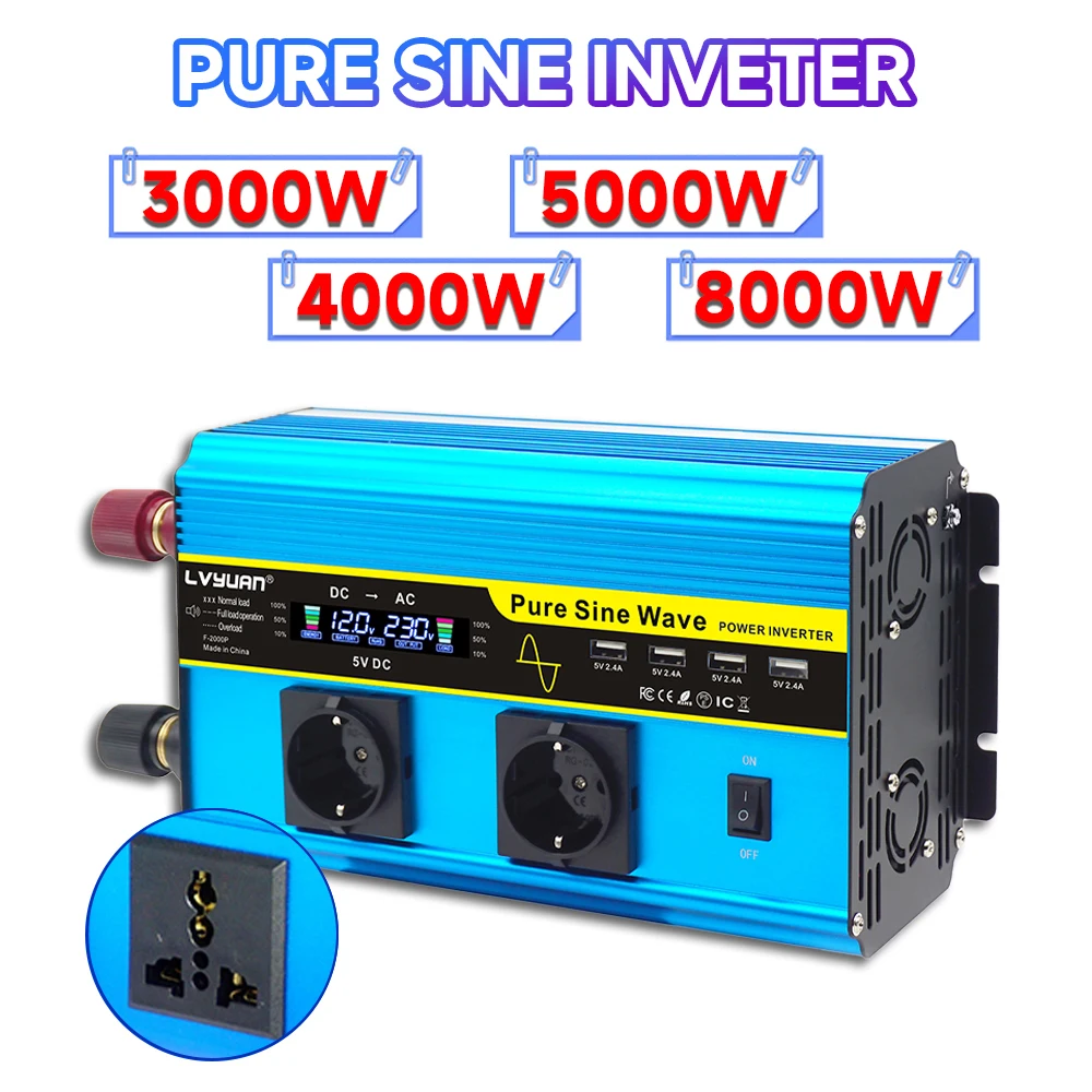 Pure Sine 3000W 4000W 5000W 8000W Inverter DC 12V 24V to AC 220V Voltage EU UN Multiple Sockets Solar Converter Inverter