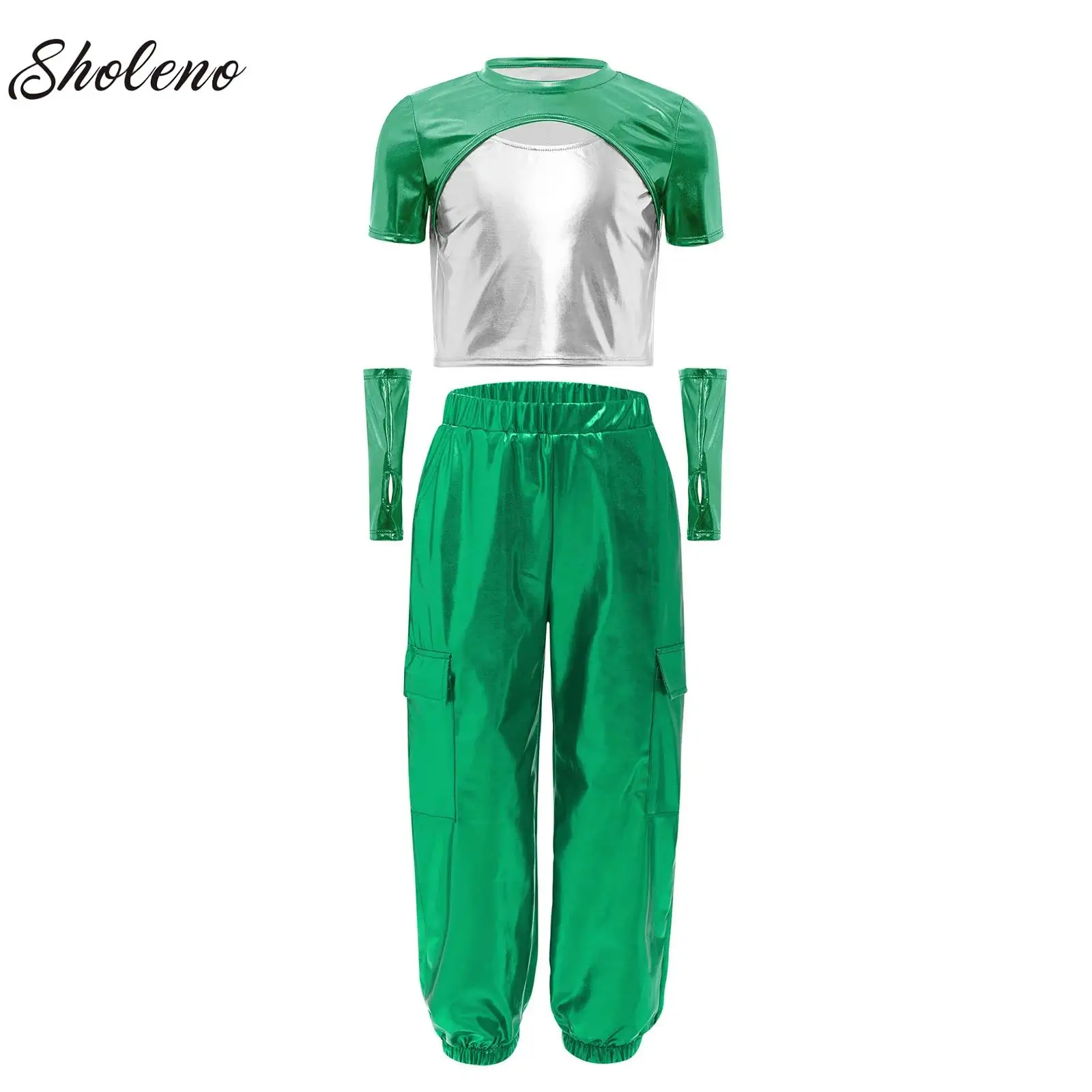 

Girls Jazz Dance Outfit Metallic Cool Hip Hop Costume Kids Street Performance Clothes Trendy Show Suit Childrens Stage Wear