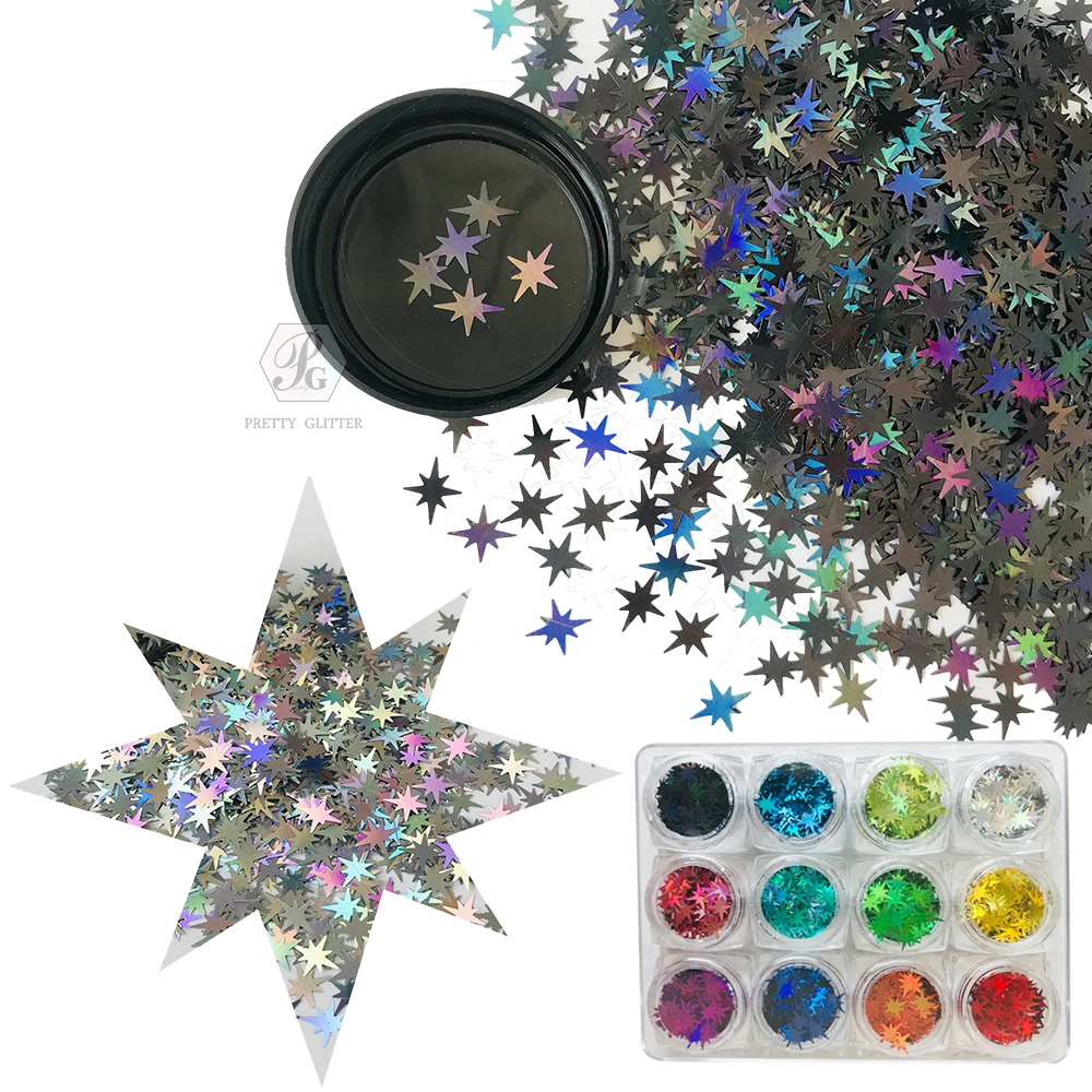 PrettyG 1 Set 12Color Box 8mm Exploding Star Sequin Glitter Shape Meter Star Holographic Glitter For DIY Nail Art Decoration