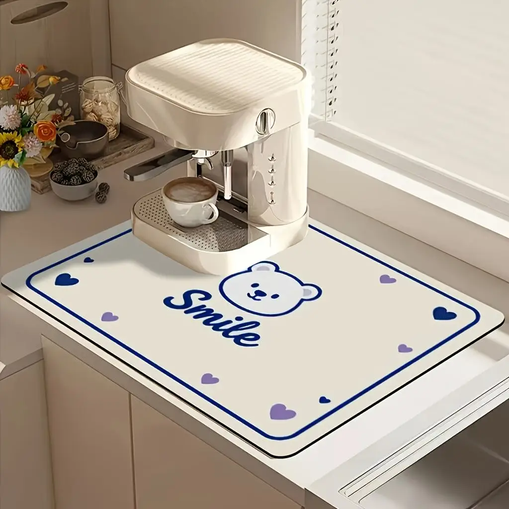 Dish Drying Mat Cute Bear Smile Printed Cushion Super Absorbent Espresso Coffee Maker Support Pad Kitchen Counter Mat