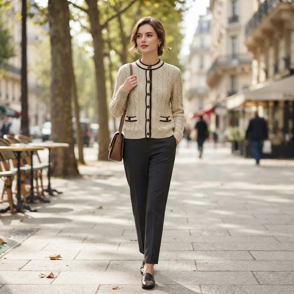 Wool Cable Knit Cardigan Long Sleeve Contrast Trim Glitter Yarn Knitwear Cropped Button Down Casual Elegant Lady  BH1625