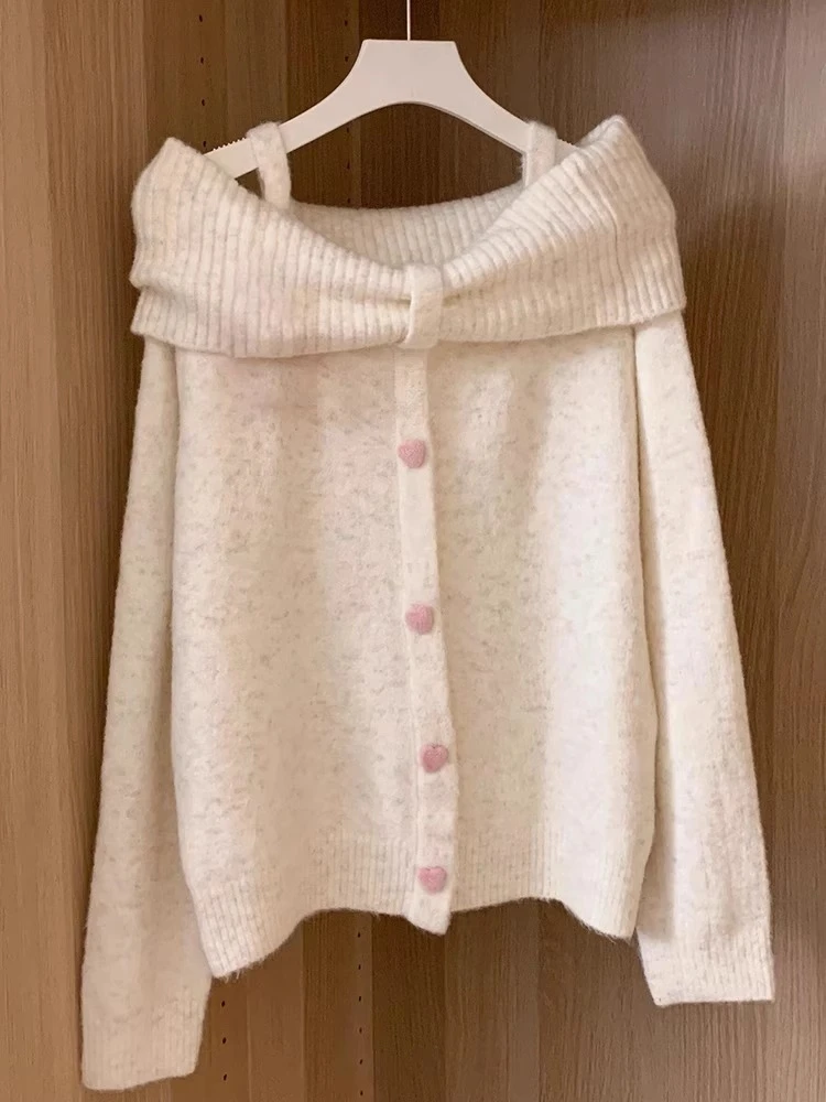 

Harajuku однотонные свитера с вырезом в стиле гранж, винтажные женские милые свободные пуловеры с открытыми плечами Y2k, эстетический вязаный джемпер на пуговицах