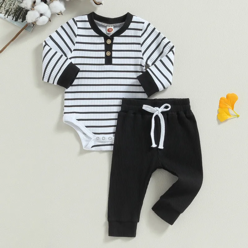 RUEWEY Newborn Baby Boy Pant Sets Spring Autumn Clothes Long Sleeve Striped Bodysuit and Pants Set Infant Baby Items Clothing