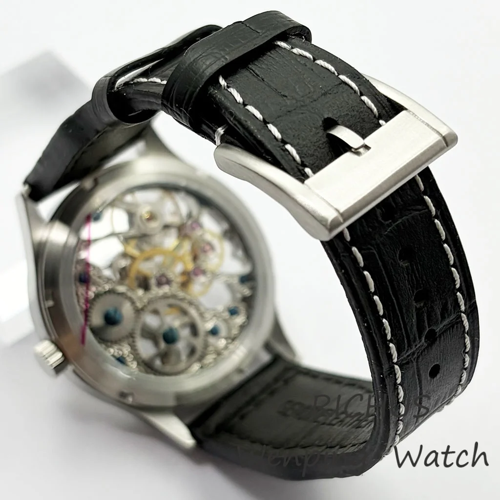 Mens Top Watch 43mm Sapphire Glass Brushed Case 17 Jewels Full Skeleton Movement Leather Strap  Mens Retro Watches