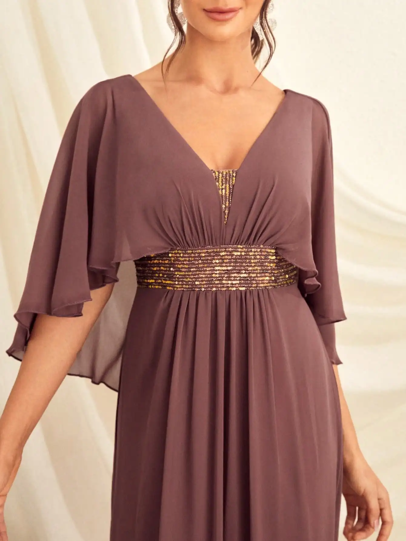 Unithorse Contrast Sequin Butterfly Sleeve Chiffon Bridesmaid Dress