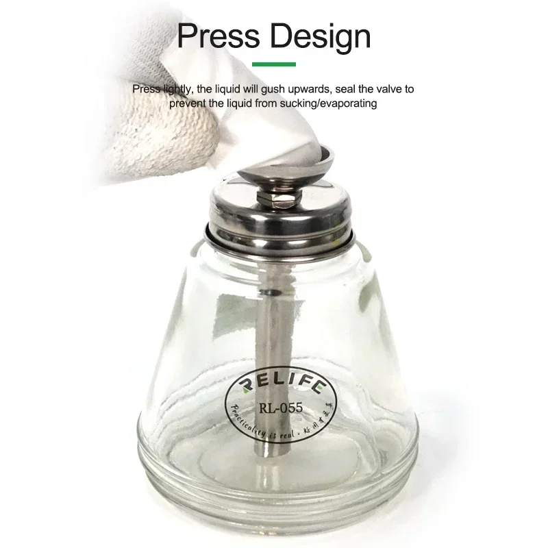 RELIFE Glass Solvent Bottle RL-055 Metal Suction Pipe Pressing Type Automatic Water Bottle Copper Core Alcohol Bottle