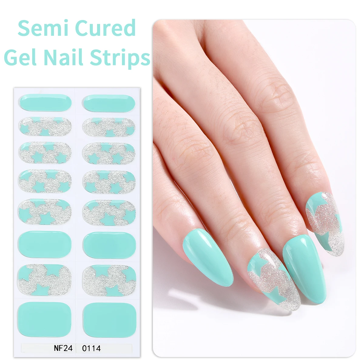 Bandes d'autocollants pour ongles en gel semi-durci, brillant, ciel étoilé, paillettes dégradées, couverture complète, longue durée, curseurs pour ongles, 16 pointes