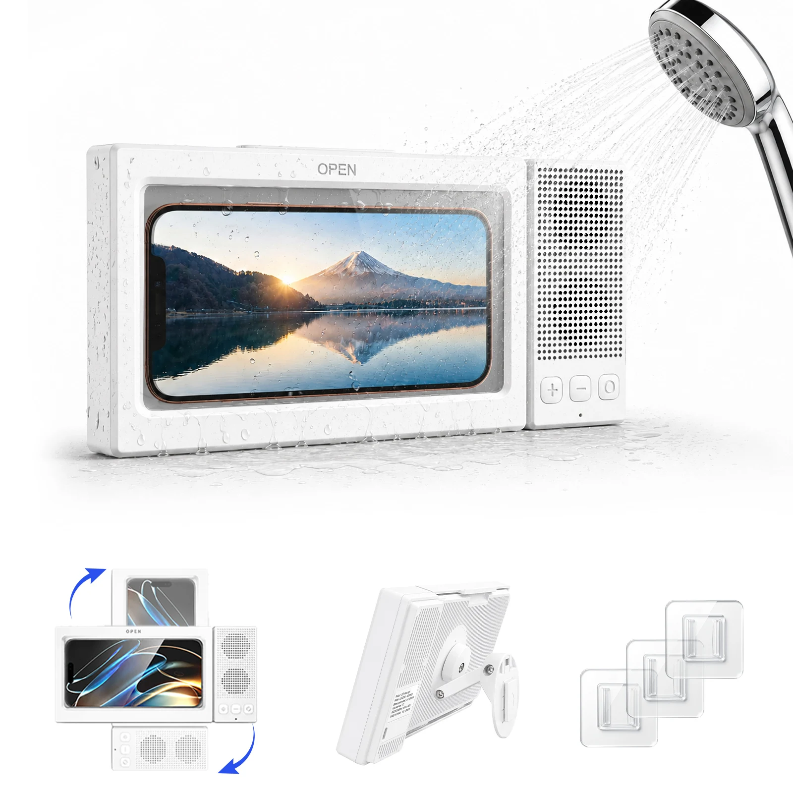 Eary 360°Rotate Shower Phone Holder Waterproof Bathroom Case Bluetooth 5.3 Speaker 1200mAh IPX5 Anti-Fog Touch Wall Mount Stand