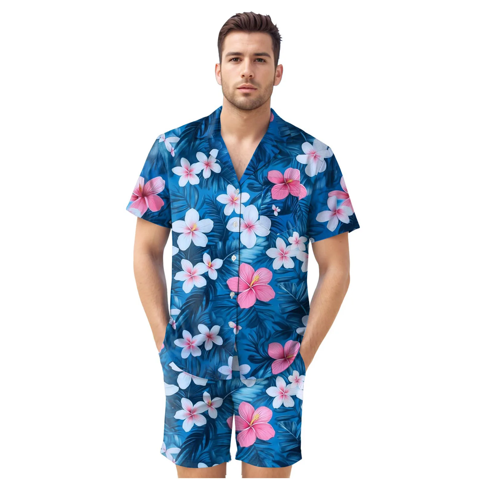 

Men Suit Slim Fit Men's Floral Print Pocket Shirt Short Sleeve Shorts Holiday Suit Flower Suit Pin Men