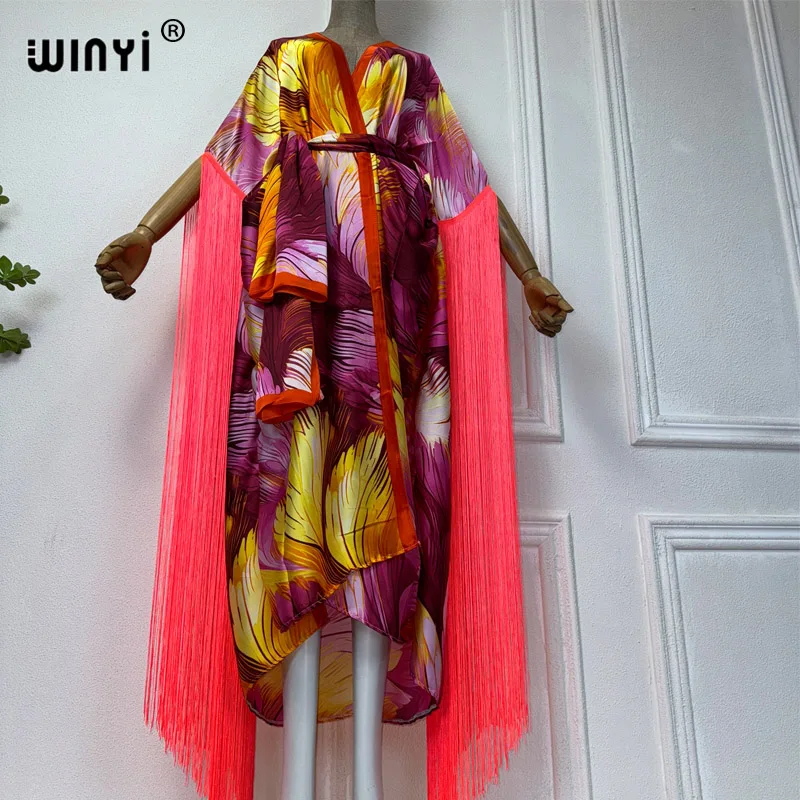 Letnie kimono sukienka letnia w stylu boho z artystyczny nadruk osłona do Bikini kardiganem seksowna wakacyjna sukienka z frędzlami z długim rękawem