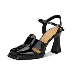 2024 Summer New Style One line with Hollow out Baotou Roman Sandals French Retro Waterproof Platform Thick Heel High Heels