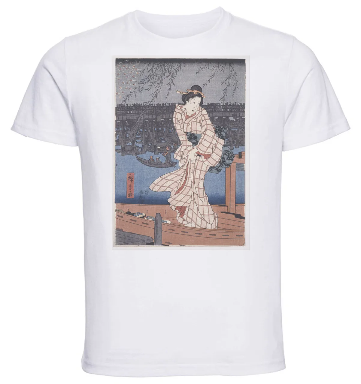 T-shirt Unisex White Ukiyo-e Hiroshige Evening On The Sumida River 21