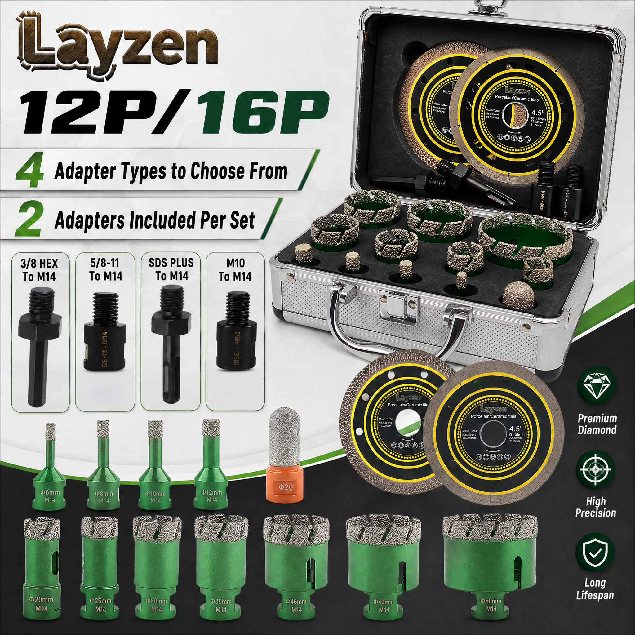 

M14 Thread Diamond Dry Vacuum Brazed Drilling Core Drill Bits Set Porcelain Cup Saw Tiles Granite Marble Hole Saw Tools 12/16Pcs