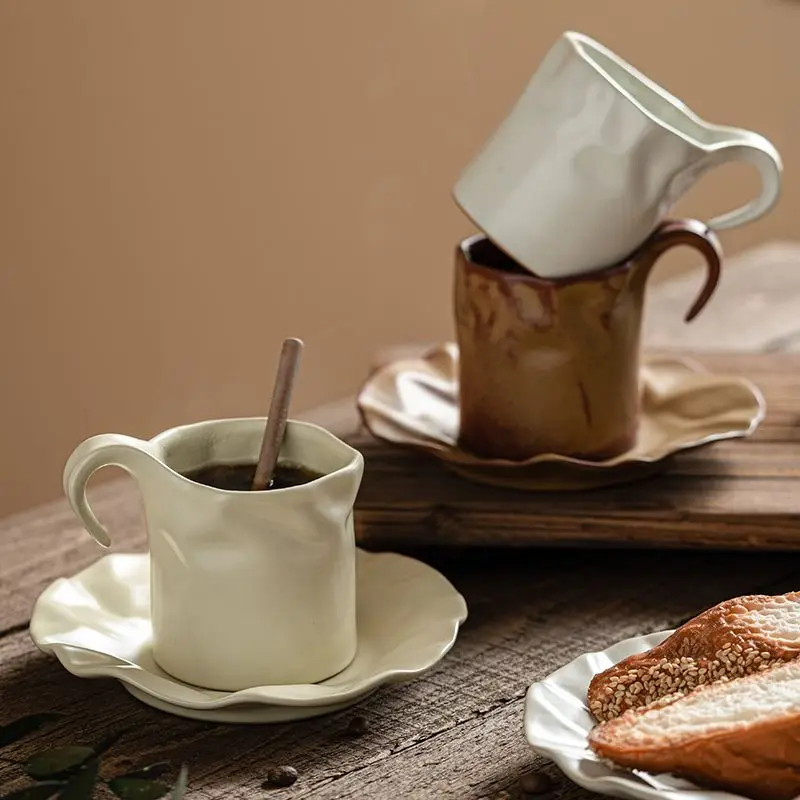 

Wrinkled Coffee Cups, Plates, High-End Exquisite Ceramic Mugs, Women's Household Design, Niche Milk Cups, Drinking Cups